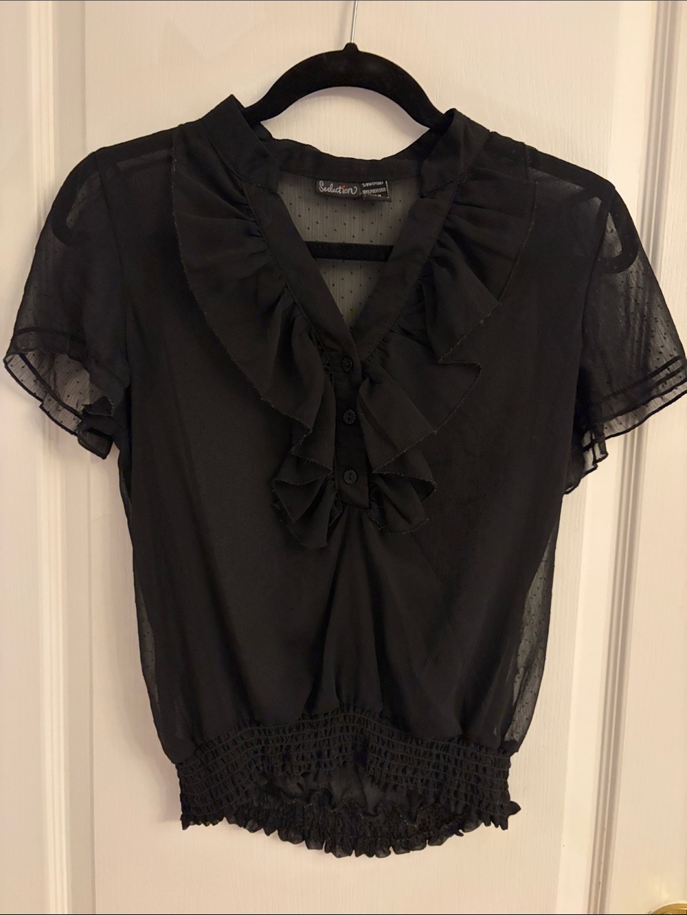 Seduction Women’s Black Ruffle V-Neck Short Sleeve Sheer Top